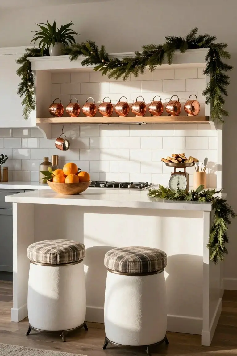 White modern farmhouse kitchen with open shelving displaying copper mugs, draped in evergreen garlands and string lights, wooden bowl of oranges on the island, brass scale with cookies, and two white stools with plaid cushions.