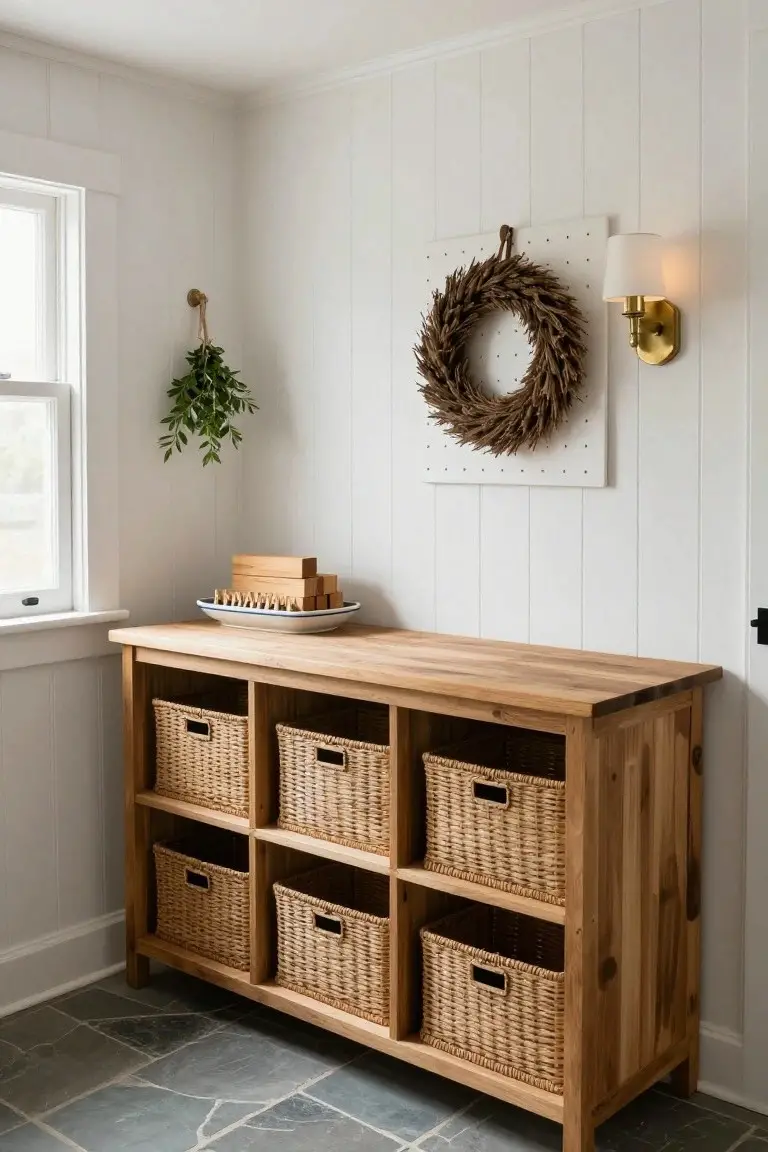 White shiplap-walled interior room with wooden console table topped by white dish of wooden blocks and clothespins, six wicker baskets in shelves below, wheat wreath on wall, hanging greenery near window, brass sconce, black door, and slate tile floor.