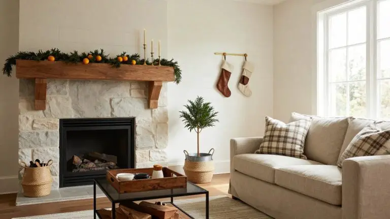 Living room with stone fireplace, mantel garland of greenery and oranges, two hanging stockings, potted palm tree near window, beige sofa with check pillow, black metal coffee table holding tray and books, on wood floor with rug.