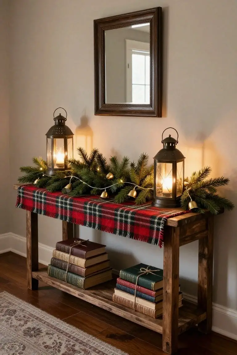 Rustic wooden console table in a beige entryway with red plaid runner, evergreen garland with white lights and gold bells, two black metal lanterns with candles, stacks of vintage books on lower shelf, and a wood-framed mirror on the wall.