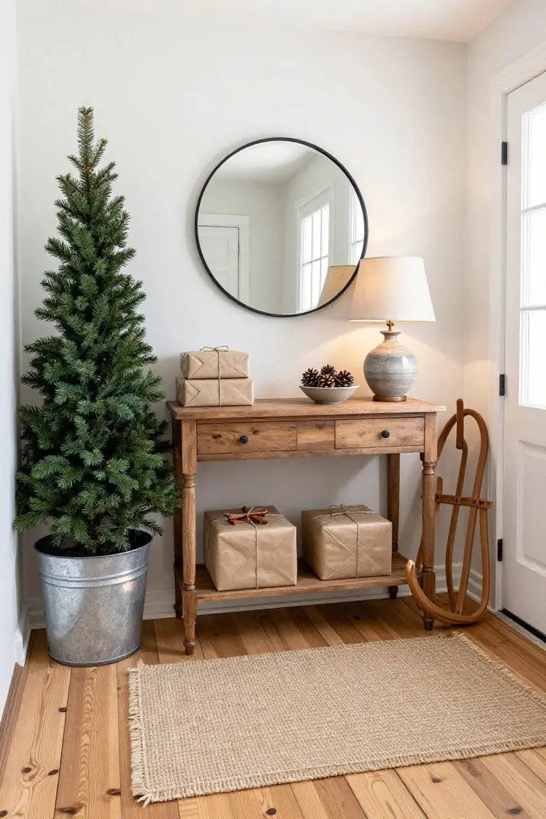 Slim green artificial Christmas tree in a galvanized metal bucket next to a wooden console table with kraft-wrapped gifts, pinecone bowl, ceramic lamp, and round black mirror on white wall in entryway corner with sleigh and rug.