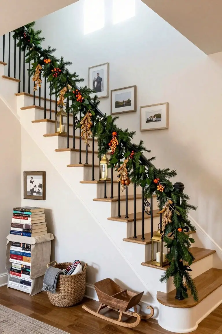 Wooden staircase with black wrought-iron railing wrapped in evergreen garland accented by orange berries, gold wheat stalks, and hanging brass lanterns, next to white walls with framed family photos and a stack of books on a fabric-covered table.