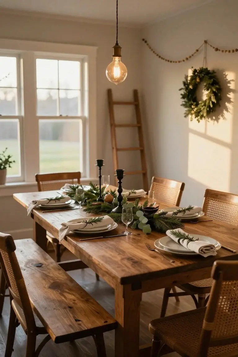 Wooden farmhouse dining table with benches and rattan chairs, set with white plates, linen napkins, greenery runner, eucalyptus, candles, and glassware in a light-filled room with windows, ladder, and Christmas wreath.