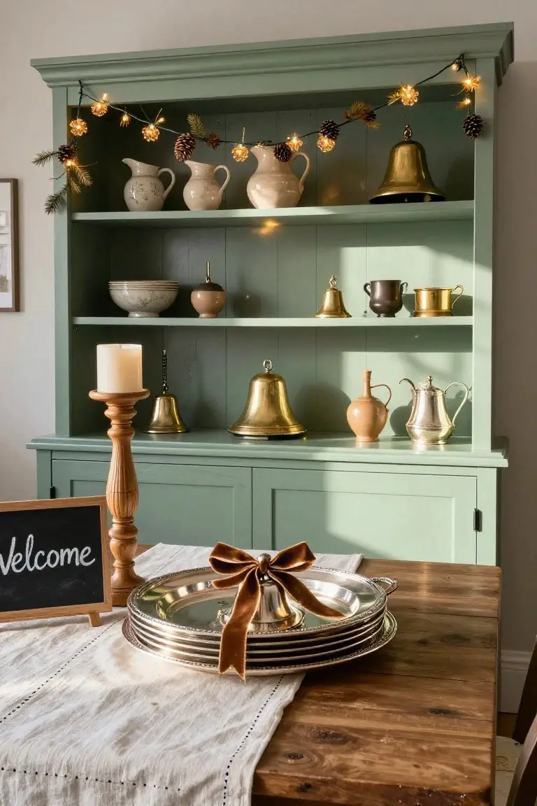 Sage green wooden hutch with open shelves displaying white and terracotta pottery, brass bells, candles on wooden stands, and pinecone garland string lights, beside a wooden table holding stacked silver plates tied with a ribbon and a chalkboard sign reading 