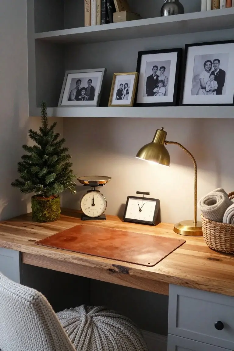 Wooden desk with leather blotter, small potted Christmas tree in moss pot, vintage scale, analog clock, brass gooseneck lamp, basket of towels, family photos on open shelves above, and tufted chair in a light gray room.