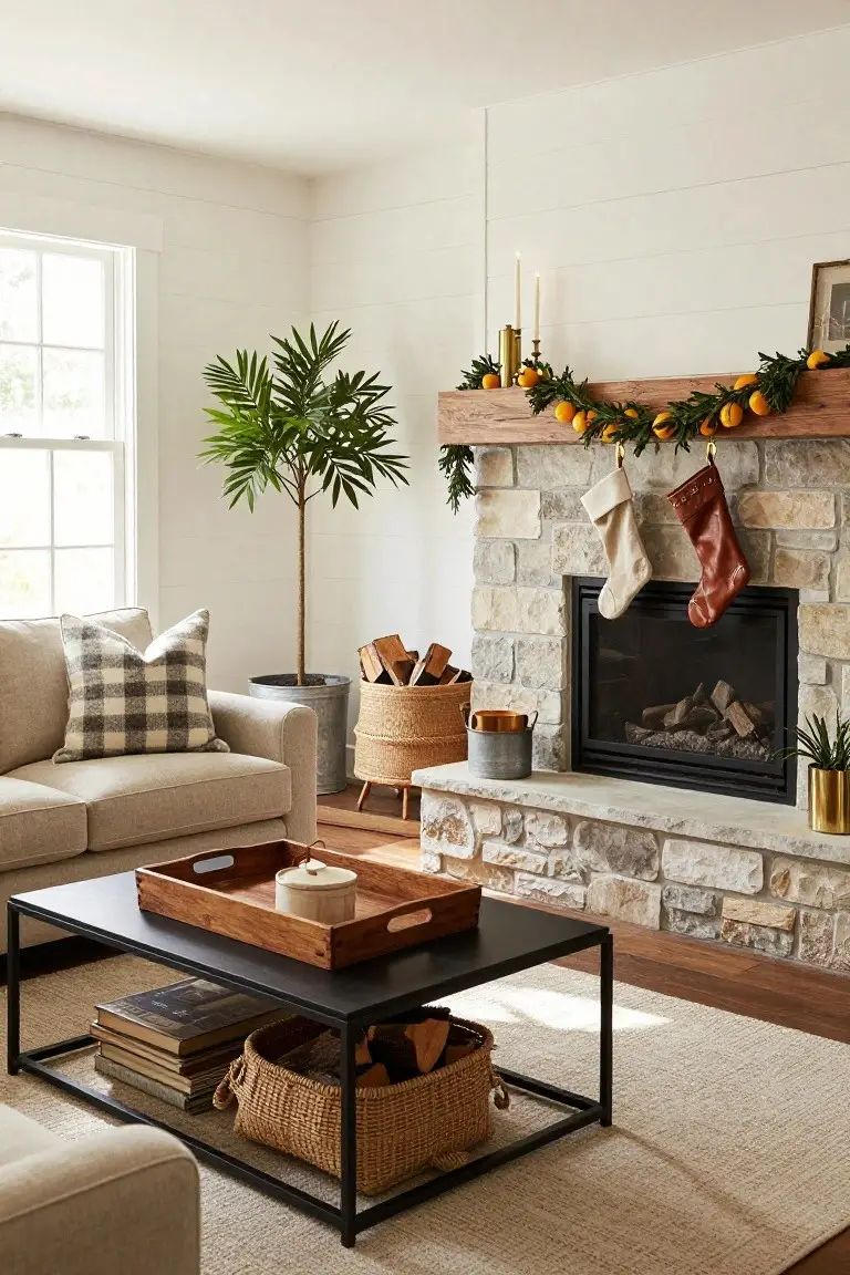 Living room with stone fireplace, mantel garland of greenery and oranges, two hanging stockings, potted palm tree near window, beige sofa with check pillow, black metal coffee table holding tray and books, on wood floor with rug.