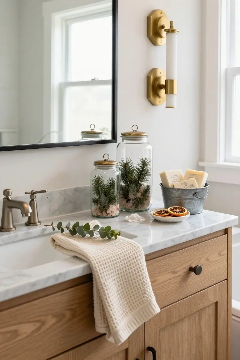 Bathroom vanity with white marble countertop, oak cabinets, brass faucet and hardware, black-framed mirror, gold wall sconces, and holiday decor including two glass jars with pine branches and shells, eucalyptus leaves, dried orange slices on a plate, soap bars in a galvanized bucket, and a linen towel draped over the edge.