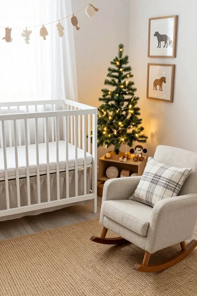 Nursery room with white crib, small lit Christmas tree beside it, beige rocking chair, wooden toy shelf, neutral animal wall art, and garland of felt decorations.