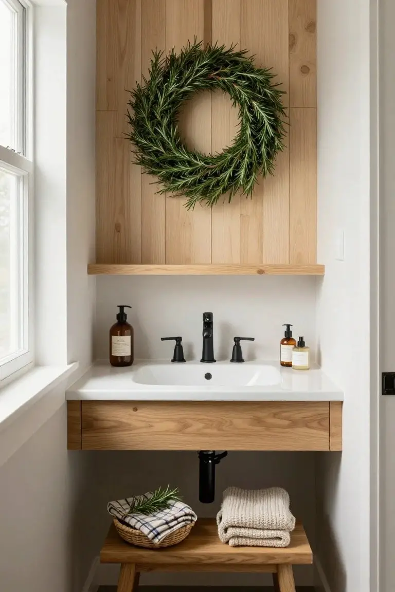 Small bathroom with light wood shiplap wall niche holding a large rosemary wreath above a white undermount sink, black faucet, amber soap dispensers, wood vanity, woven stool with plaid towels and fresh rosemary sprig.