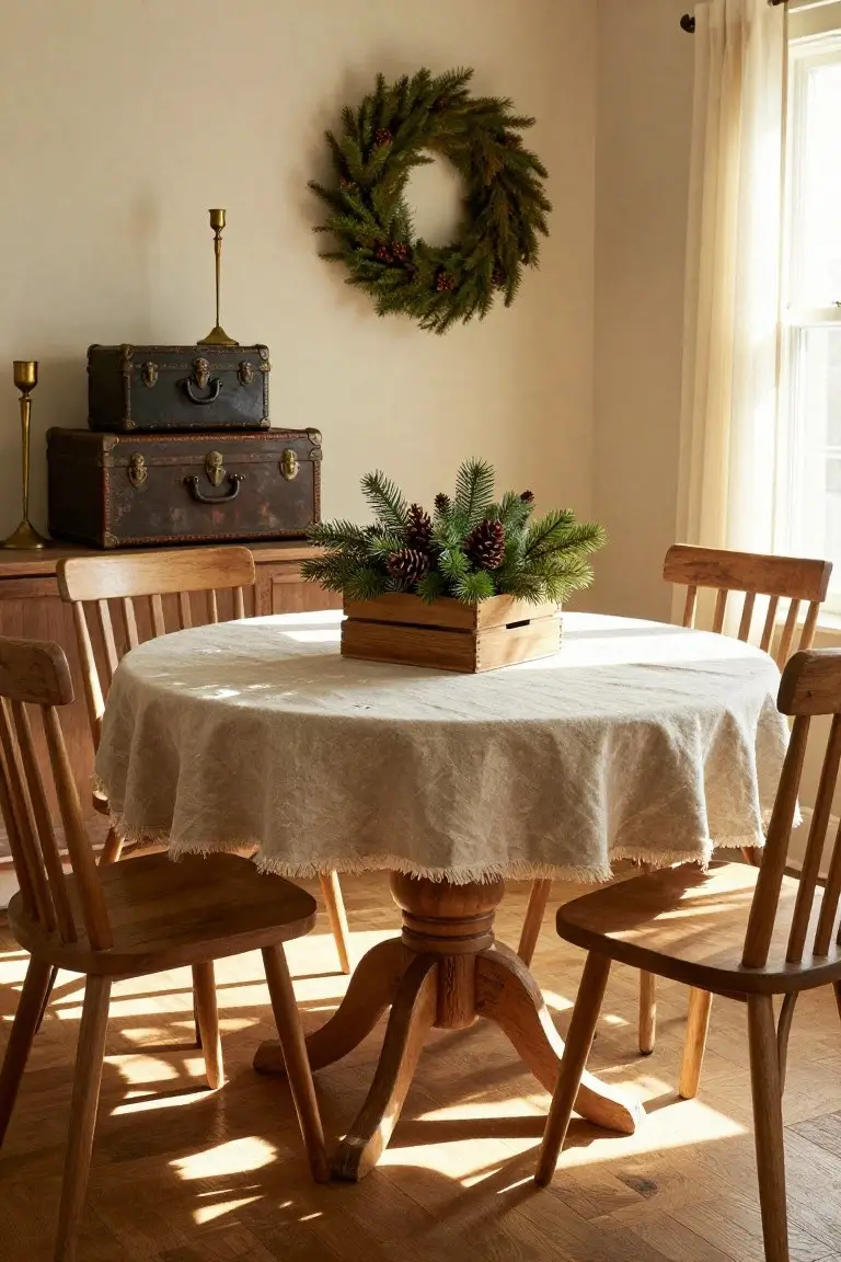 Dining room featuring a round wooden pedestal table draped with a white linen cloth and a wooden crate centerpiece filled with pine branches and pinecones, surrounded by wooden chairs, with a Christmas wreath on the wall and stacked vintage suitcases on a wooden sideboard.