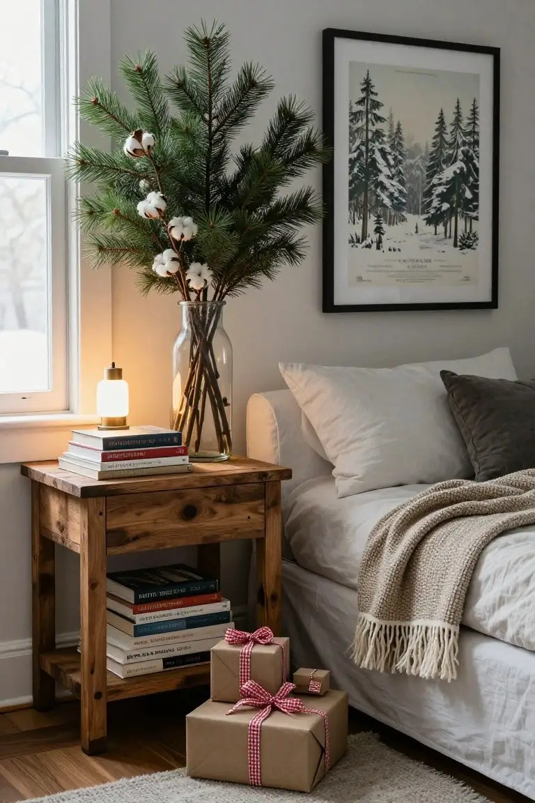 Wooden nightstand in bedroom corner with stacked books, two wrapped boxes and a small gift on top shelf, tall glass vase of green pine branches and white cotton bolls, gold lamp lit nearby, bed with white sheets gray pillows and knit throw, framed snowy forest artwork on wall by window.