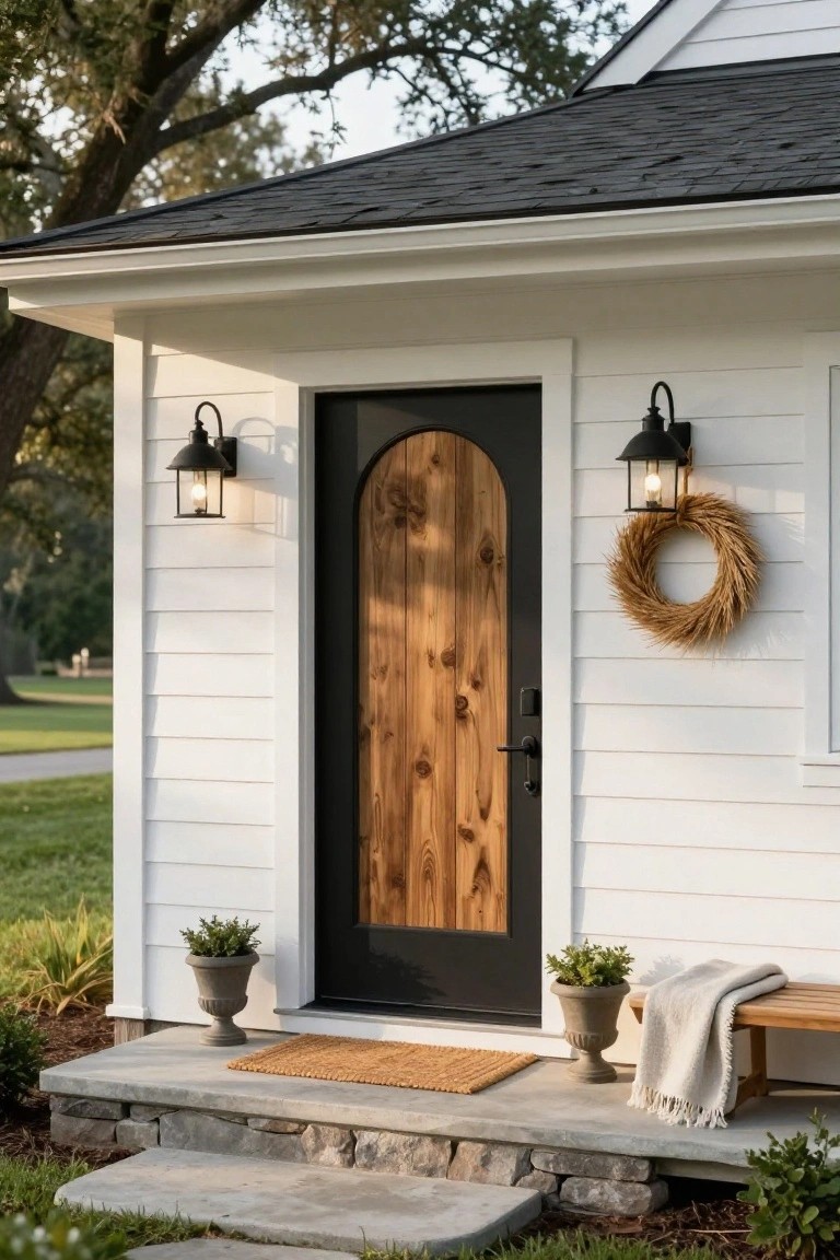 White shiplap-sided house exterior featuring a tall arched black front door with visible tan wood grain, flanked by black lanterns, a wheat wreath on the right, stone steps, potted plants, a woven mat, and a wooden bench with a throw.