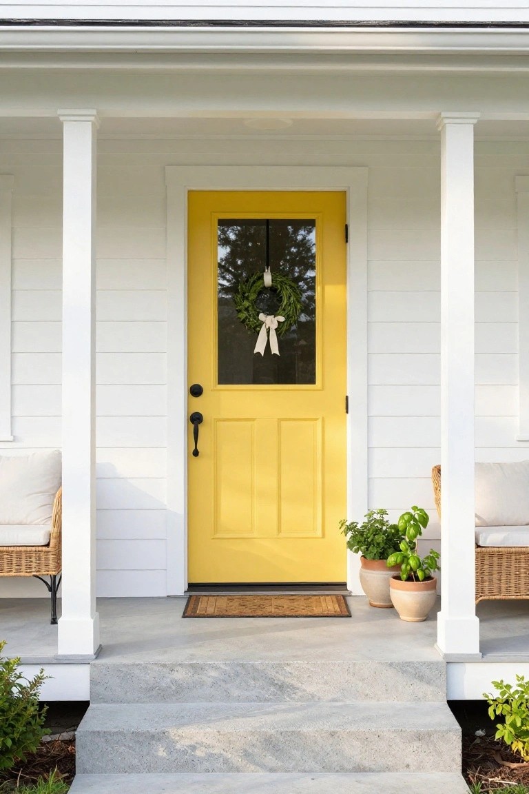 White modern farmhouse porch with yellow front door featuring glass panel and black hardware, flanked by white columns, wicker chairs with cushions, potted herbs, and a woven mat.