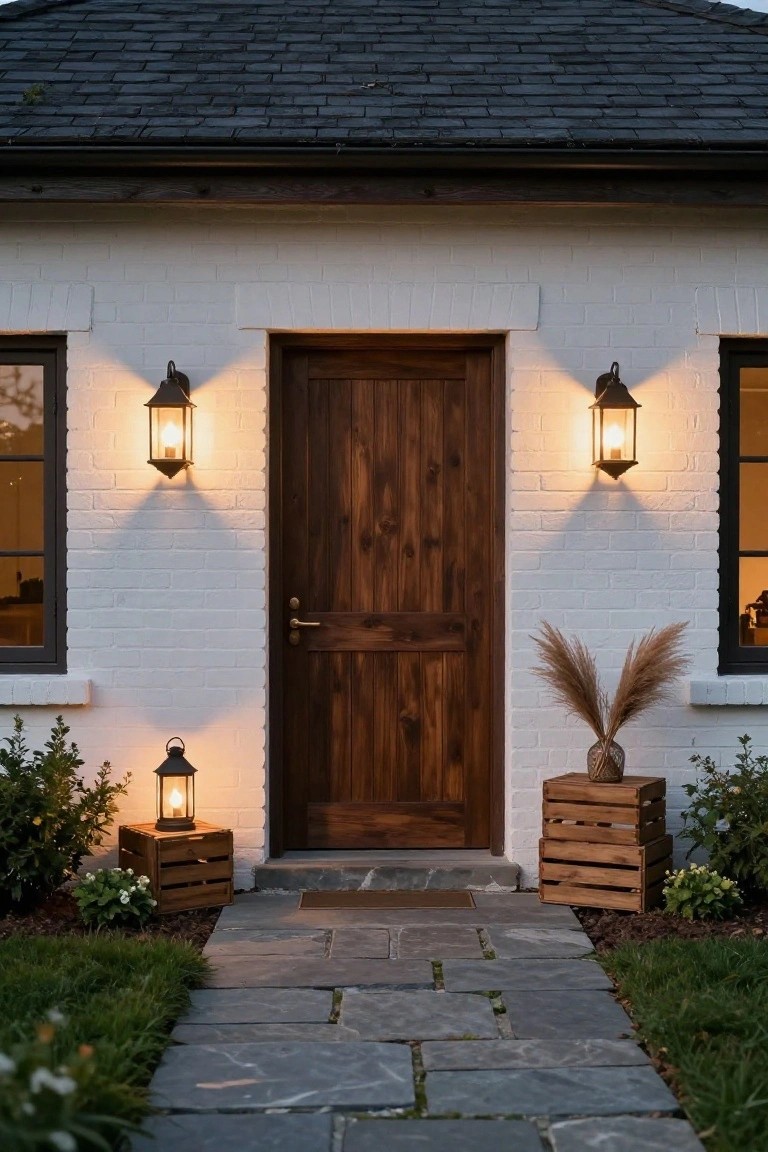 White brick house facade with dark wooden front door centered between black-framed windows, flanked by wall lanterns, potted pampas grass on crates, low plants, and a slate stone pathway.