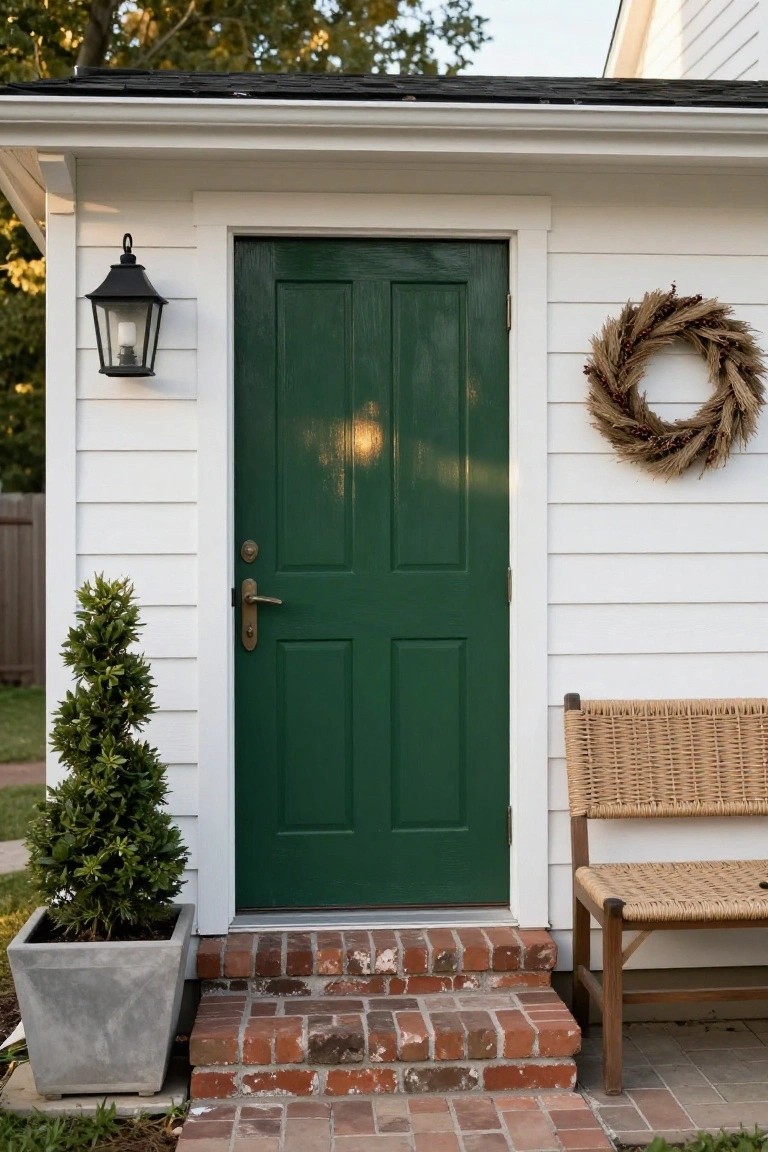 White clapboard shed building with dark green double front door, brass doorknob and hinges, black lantern light fixture, wheat stalk wreath, potted spiral evergreen shrub, wicker bench, and brick entry steps.