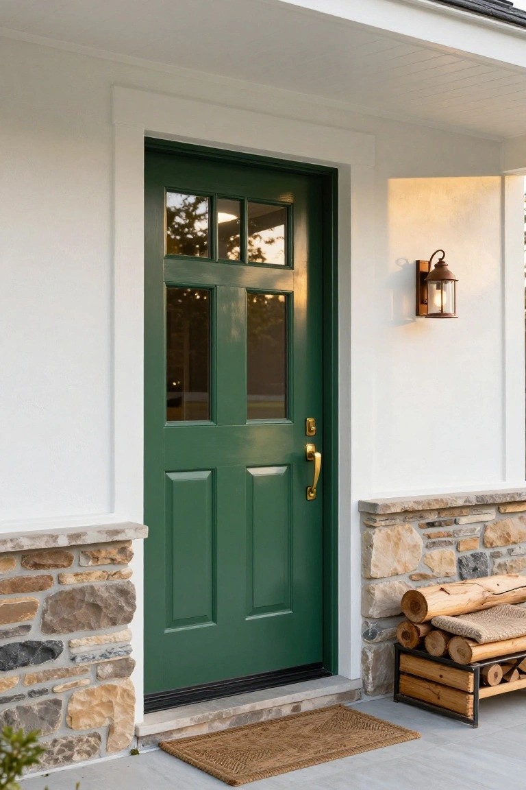 Close view of a dark green paneled front door with four glass lights on a white-sided house, featuring gold hardware, wall lantern, stone skirting, firewood stack on a rack, and seagrass doormat on concrete steps.