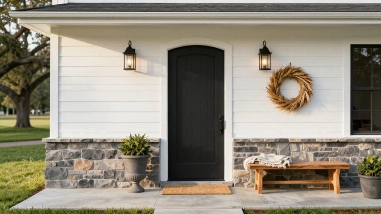 White shiplap-sided house exterior featuring a tall arched black front door with visible tan wood grain, flanked by black lanterns, a wheat wreath on the right, stone steps, potted plants, a woven mat, and a wooden bench with a throw.