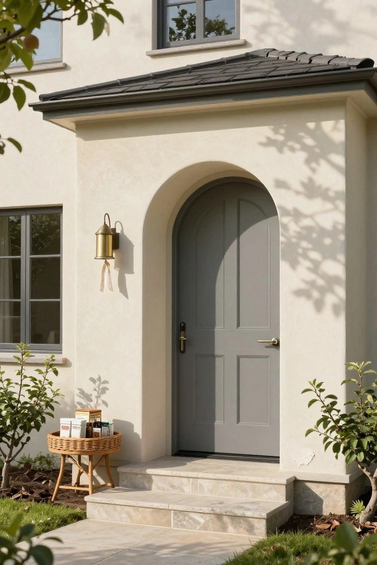 Light beige stucco house exterior featuring a tall gray paneled arched front door with brass lantern light beside it, stone steps, and a small wood table holding woven baskets next to potted plants.