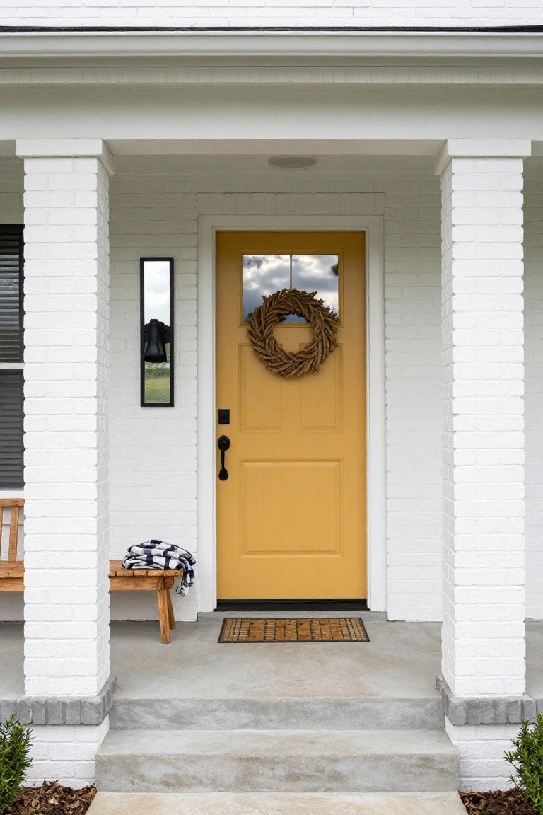 White brick house porch with mustard yellow front door, wheat wreath, black wall lantern, wooden bench with plaid blanket, and concrete steps.