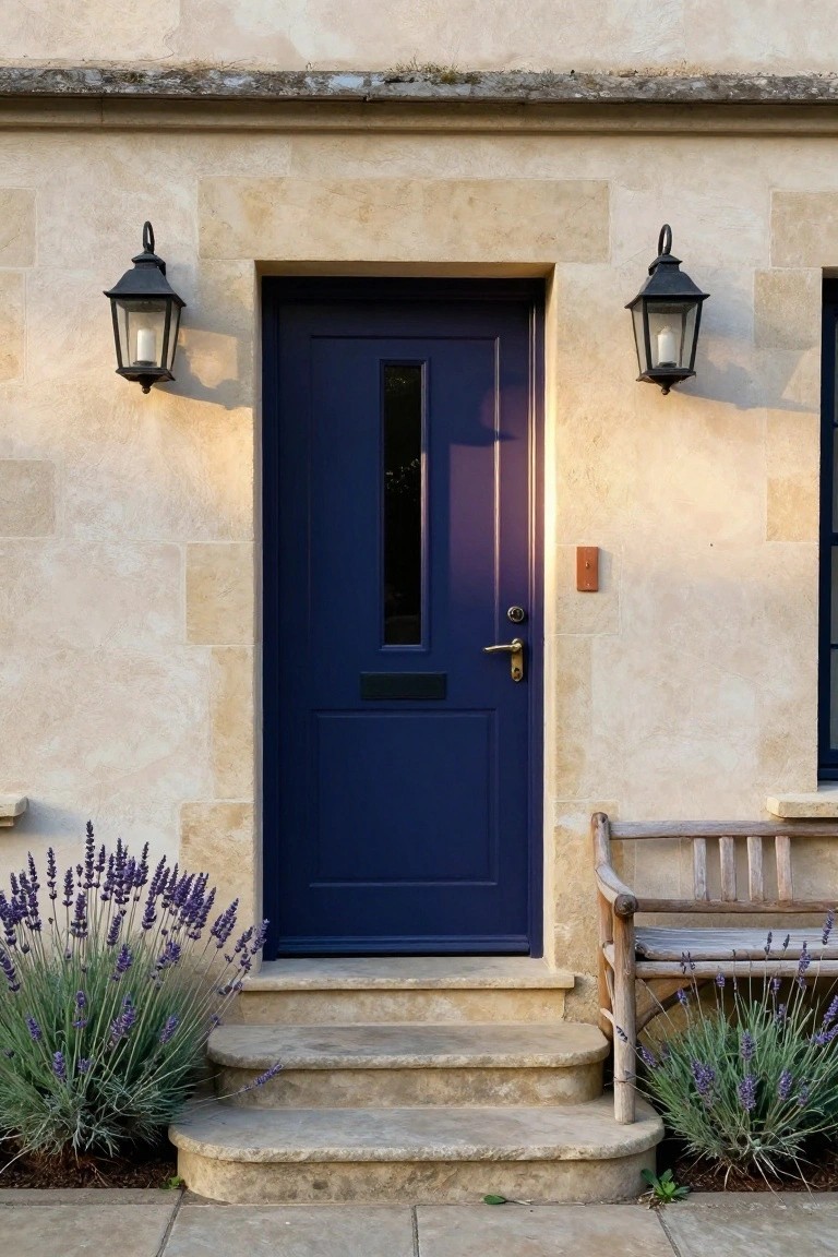 Navy blue front door on a beige stone house exterior with black lanterns flanking it, lavender plants at the base of stone steps, and a wooden bench to the right.