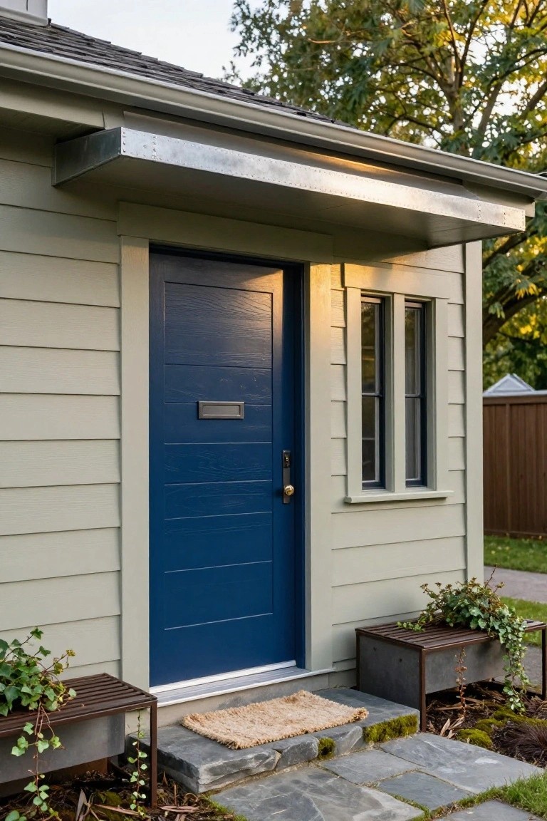 Modern farmhouse house exterior featuring a navy blue wood front door with letter slot and knob, light gray horizontal siding, metal awning above, double window to the side, potted ivy plants on metal stands, seagrass doormat, and stone steps leading to the entry.