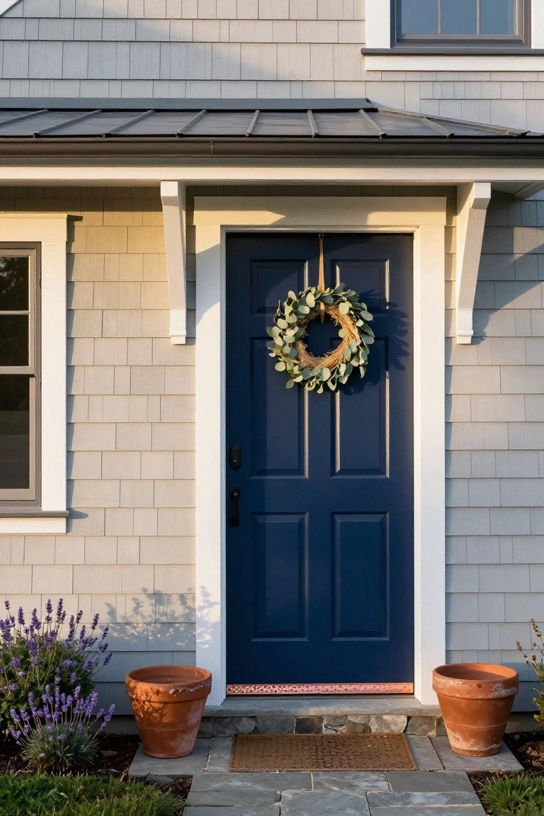 Gray shingle house exterior with navy blue front door hung with eucalyptus wreath, white trim porch overhang, and matching terracotta pots of lavender on stone path.
