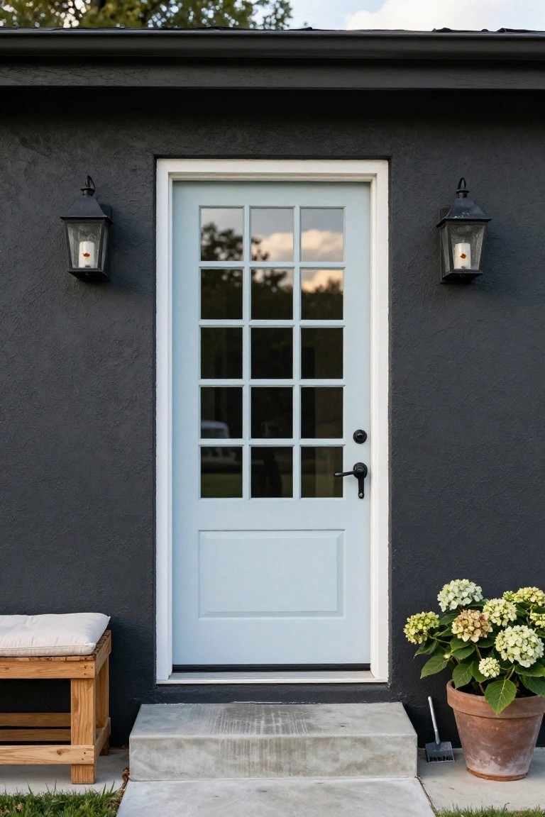 Light blue front door with nine glass panes and white trim centered on dark stucco wall, flanked by black lanterns with candles, wooden bench on left, concrete step, potted white hydrangea on right, and grass nearby.