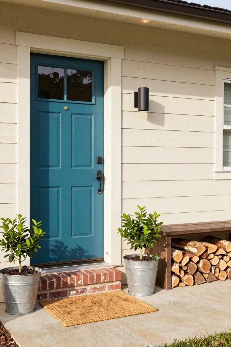 Teal paneled front door with brass knocker and black deadbolt on beige horizontal siding house exterior, flanked by two galvanized bucket planters with small trees, firewood rack bench, and seagrass doormat on concrete porch.