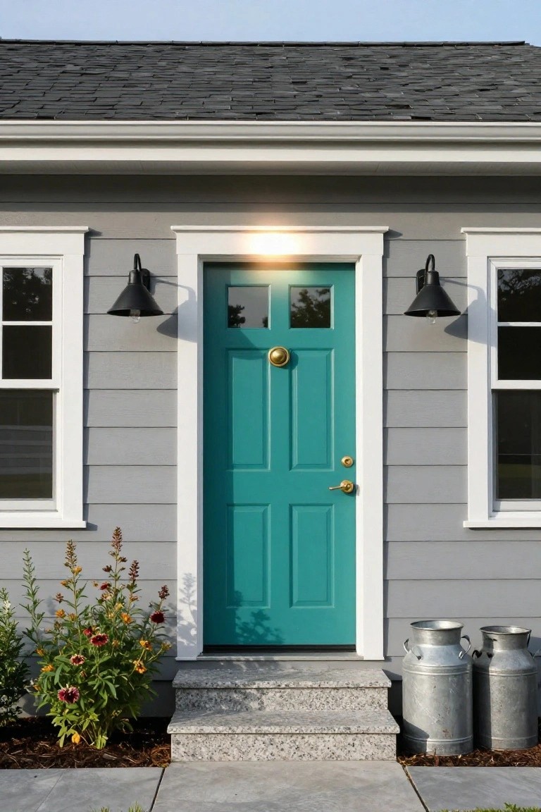 Gray clapboard house exterior featuring a bright teal paneled front door with gold knocker and knob, flanked by white-trimmed windows, black lanterns, granite steps, tall flowering plants, and two metal milk cans.