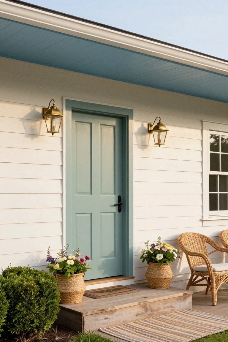 White clapboard house exterior with teal paneled front door, gold lantern lights on each side, potted flowers in seagrass baskets, wicker chairs on wooden porch steps, boxwood shrubs, and striped outdoor rug.