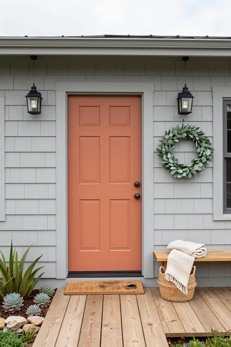 Gray shingle house with orange six-panel front door, black lanterns on each side, green eucalyptus wreath on adjacent window, wooden bench with white blanket and seagrass basket on deck, succulent plants and rocks in front bed, wooden porch deck.