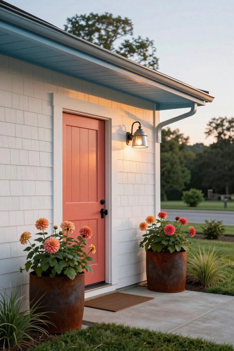 White shiplap house exterior featuring a bright orange paneled front door flanked by two large rusted metal pots filled with orange dahlia flowers, a wall lantern lit beside the door, and a concrete porch stoop at dusk.
