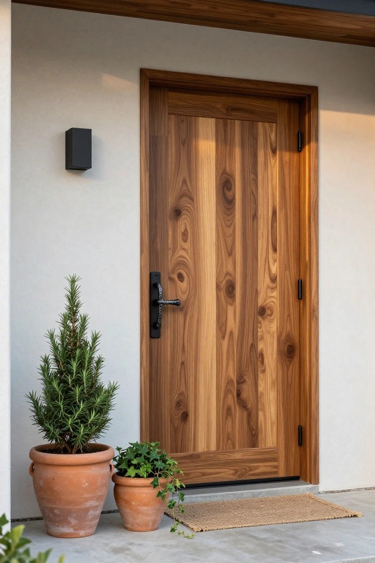 Figured walnut wood front door with black handle and hinges on a white stucco wall, beside two terracotta pots with small evergreen and ivy plants, a seagrass mat on concrete stoop, and black exterior light.