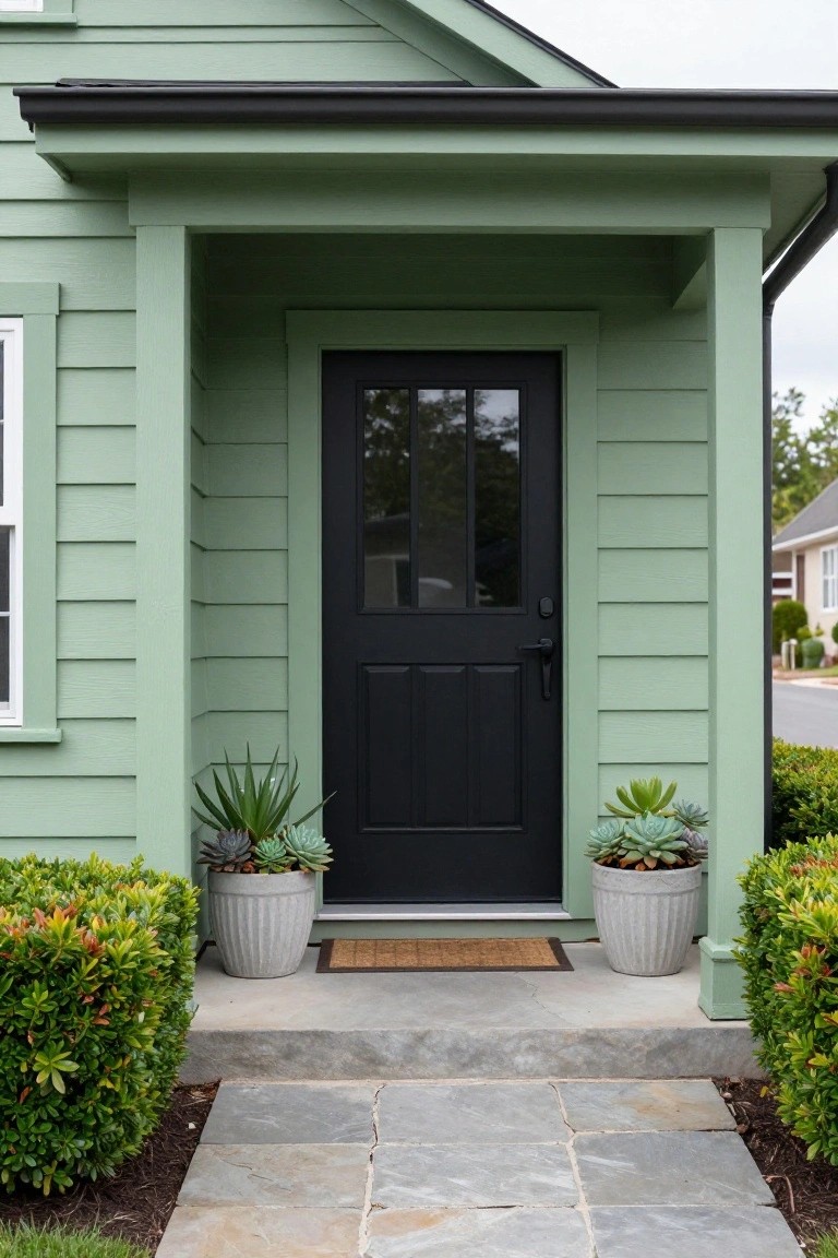 Sage green clapboard house exterior featuring a black paneled front door with glass panels, flanked by white pots of succulents and agave plants, boxwood shrubs, a woven doormat, and a slate stone pathway.