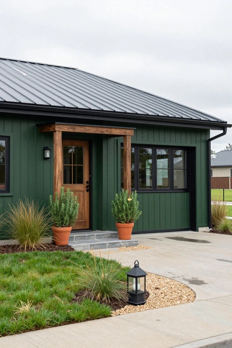Front exterior of a single-story house with dark green board-and-batten siding, standing-seam metal roof, wooden entry door under a covered porch with posts, black-framed windows, potted rosemary plants on steps, and low grass and gravel landscaping.