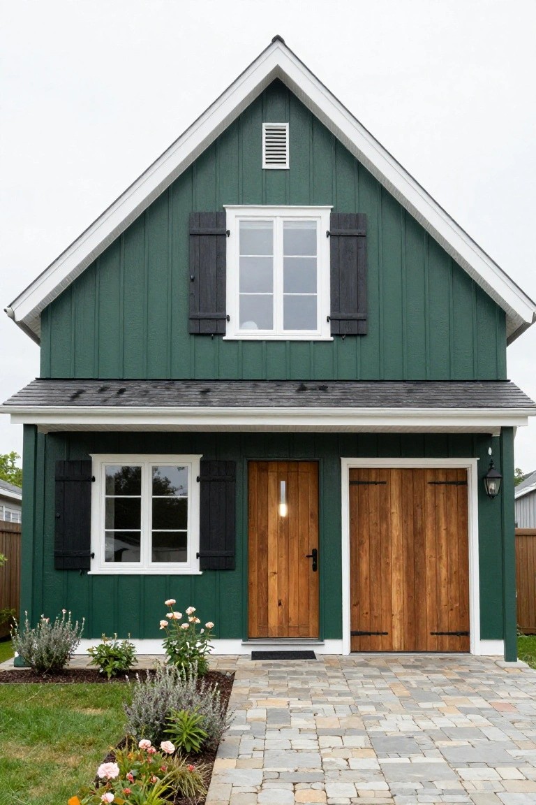 Front exterior of a dark green two-story house with white trim, black shutters on white-framed windows, wooden front door with black handle, adjacent double wooden garage doors with black hardware, dark shingle roof, stone paver pathway, and landscaped beds with lavender, roses, and grass.