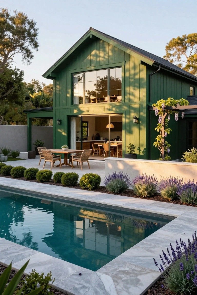Dark green board-and-batten sided modern farmhouse with large windows and open sliding doors to an outdoor dining area next to a rectangular pool edged in gray stone, surrounded by boxwood hedges, lavender plants, and trees.
