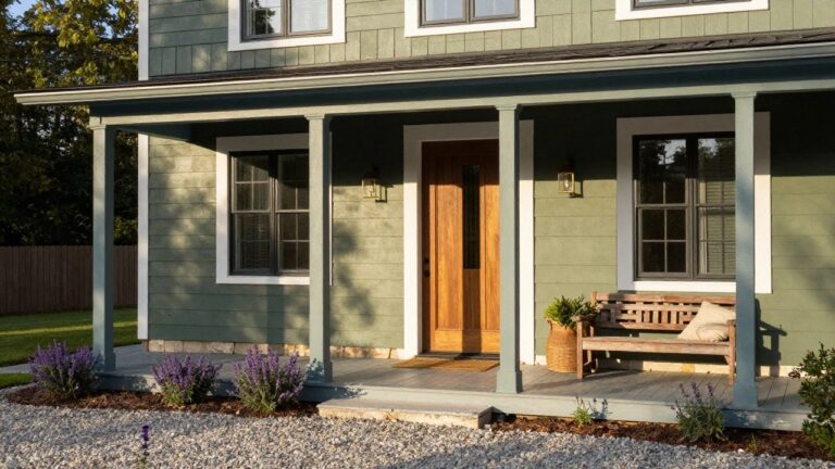 15 Modern Farmhouse Green House Exteriors That Inspire Sage green shingle siding house with white trim and blue porch ceiling underside, wooden entry door with glass panel, wall lanterns, wooden bench with pillows and potted plants on porch, lavender bushes beside stone steps, and gravel ground.