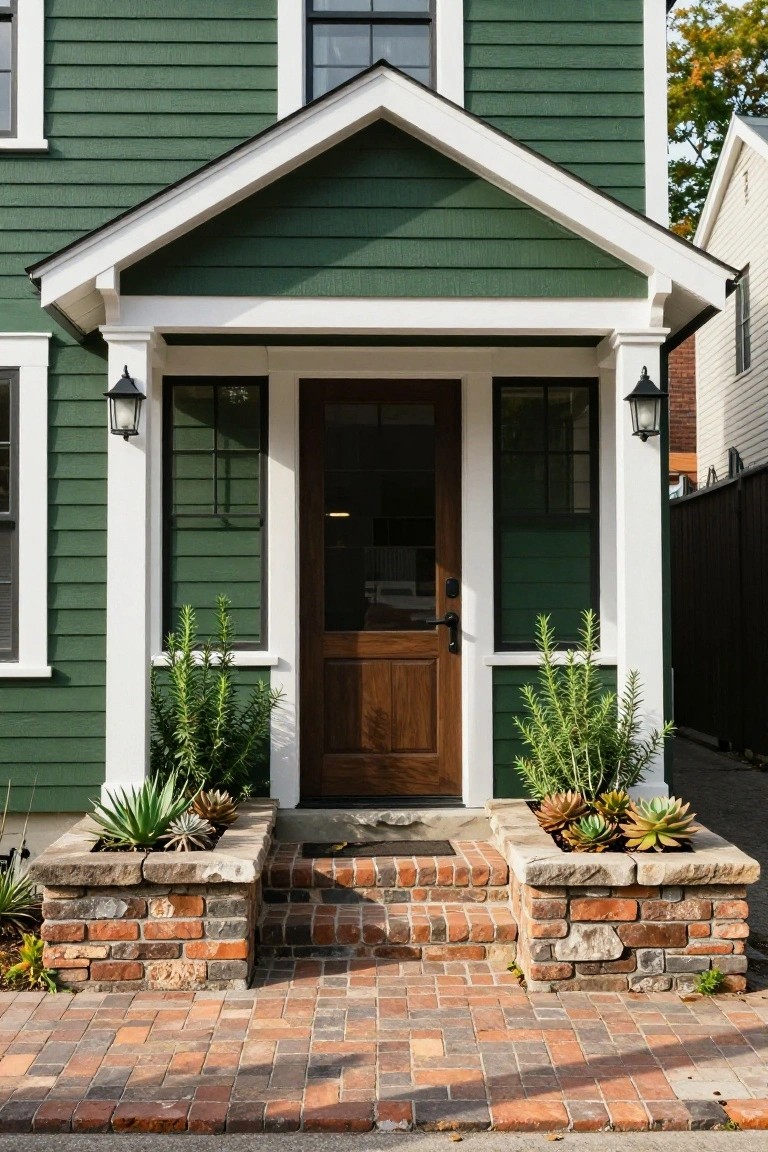 Front exterior of a dark green clapboard house with white gabled porch, columns, dark wood door with glass panels, brick steps, and brick planters holding succulents and agaves.