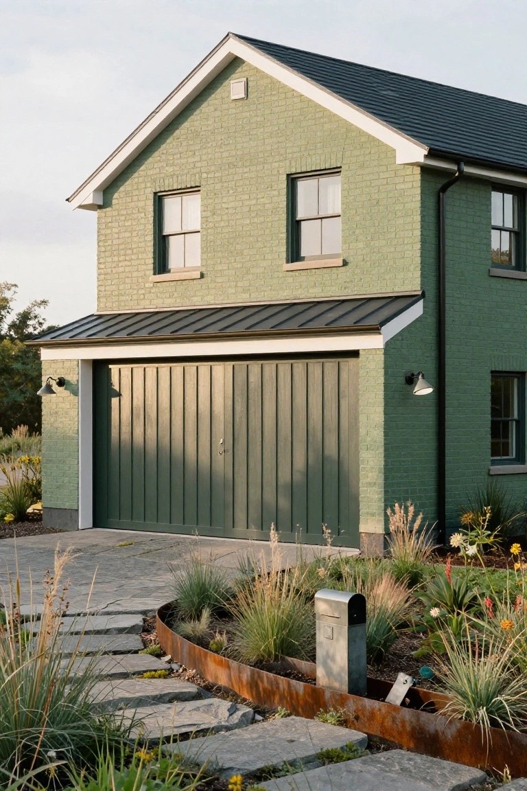 A two-story modern farmhouse house with pale green brick exterior, dark green double garage door under a covered overhang, black metal roof, flanked by windows, and a curved stone pathway with ornamental grasses and plants in the front yard.