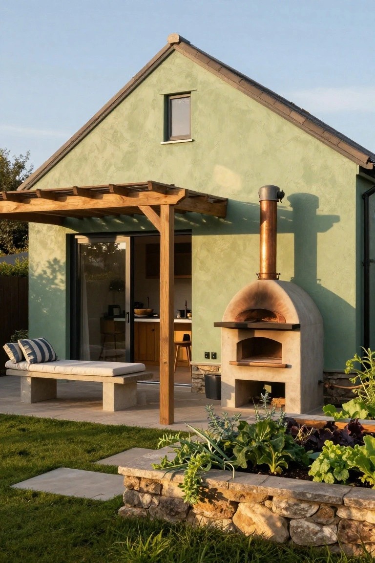 Green stucco house exterior with timber pergola over concrete patio, sliding glass doors to indoor kitchen, tall stone pizza oven with copper flue, cushioned daybed, and stone-edged raised garden bed with vegetables.