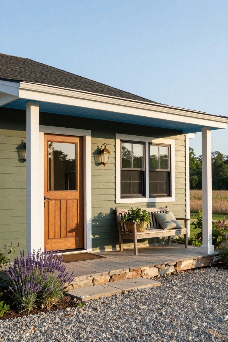 Sage green shingle siding house with white trim and blue porch ceiling underside, wooden entry door with glass panel, wall lanterns, wooden bench with pillows and potted plants on porch, lavender bushes beside stone steps, and gravel ground.