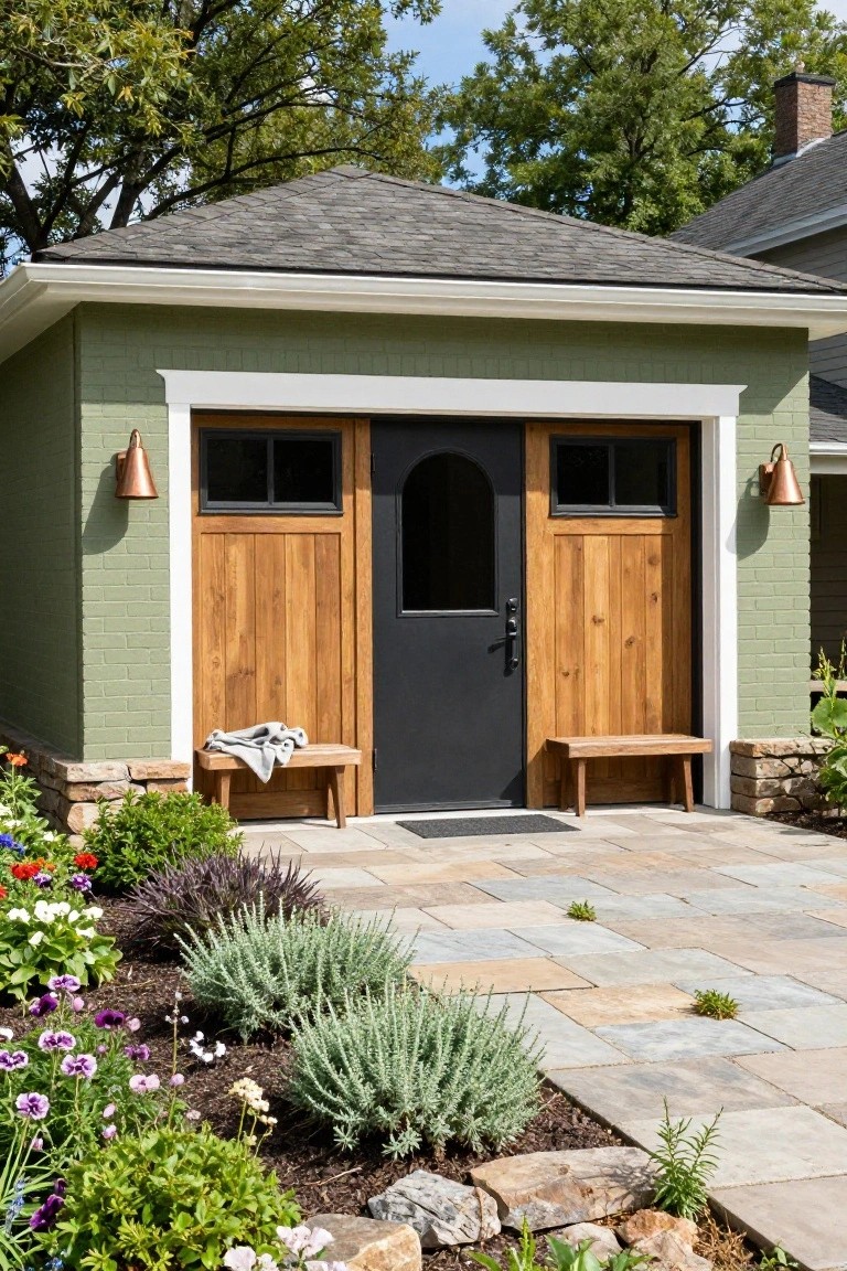 Sage green shed building with white trim, flanked by large vertical wood-paneled doors including a central black arched pedestrian door, copper sconces, wooden benches on a paver patio surrounded by flower beds and stone accents.