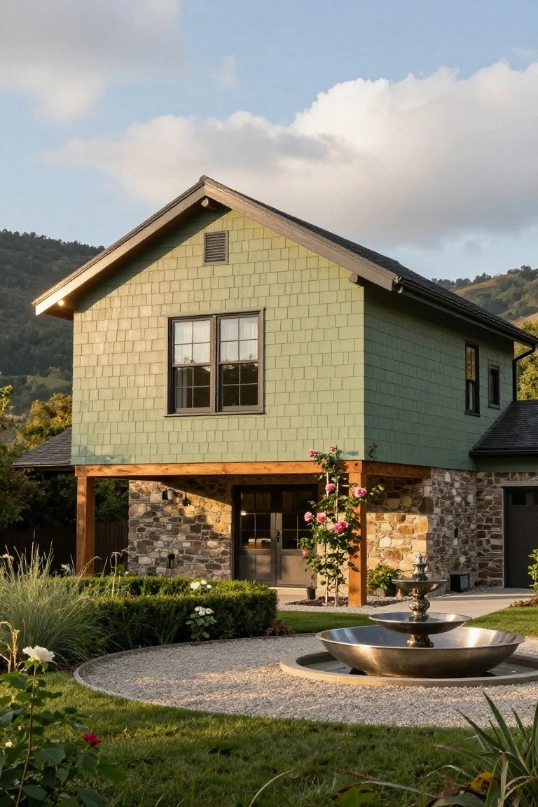 A two-story modern farmhouse with sage green shingle siding, dark trim windows, stone base, wooden porch supports, climbing roses, boxwoods, a stainless steel fountain in a gravel circle, and grassy yard against wooded hills.
