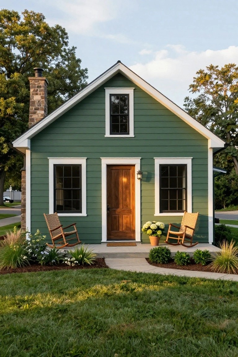 Front view of a small two-story green clapboard house with white trim, gabled roof, stone chimney, black-framed windows, wooden front door with lantern light, two wicker rocking chairs and potted white hydrangeas on the porch, and low landscaping in the yard.
