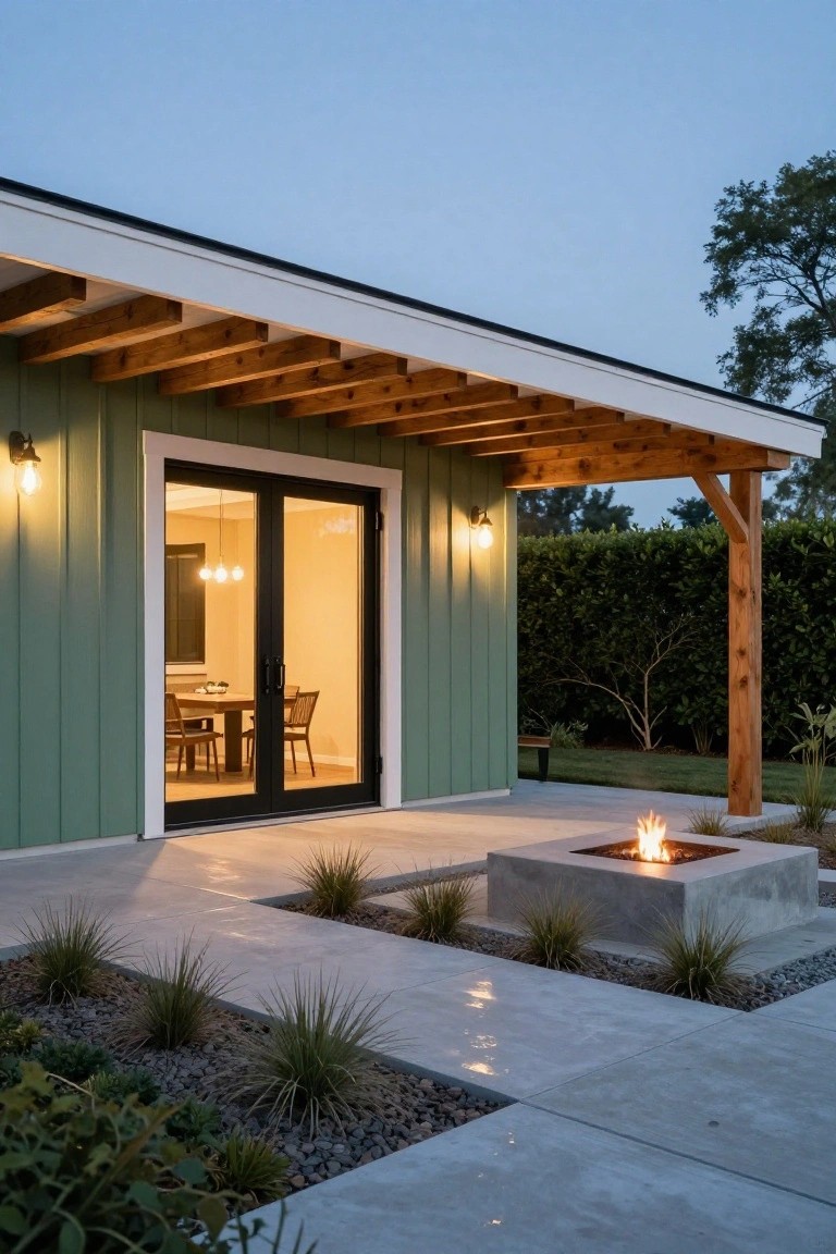 Sage green vertical siding on a modern farmhouse exterior with white trim, exposed wooden beams on the overhanging porch roof, black-framed double glass doors, lit lanterns, concrete patio with square fire pit, and low plants in gravel beds at dusk.