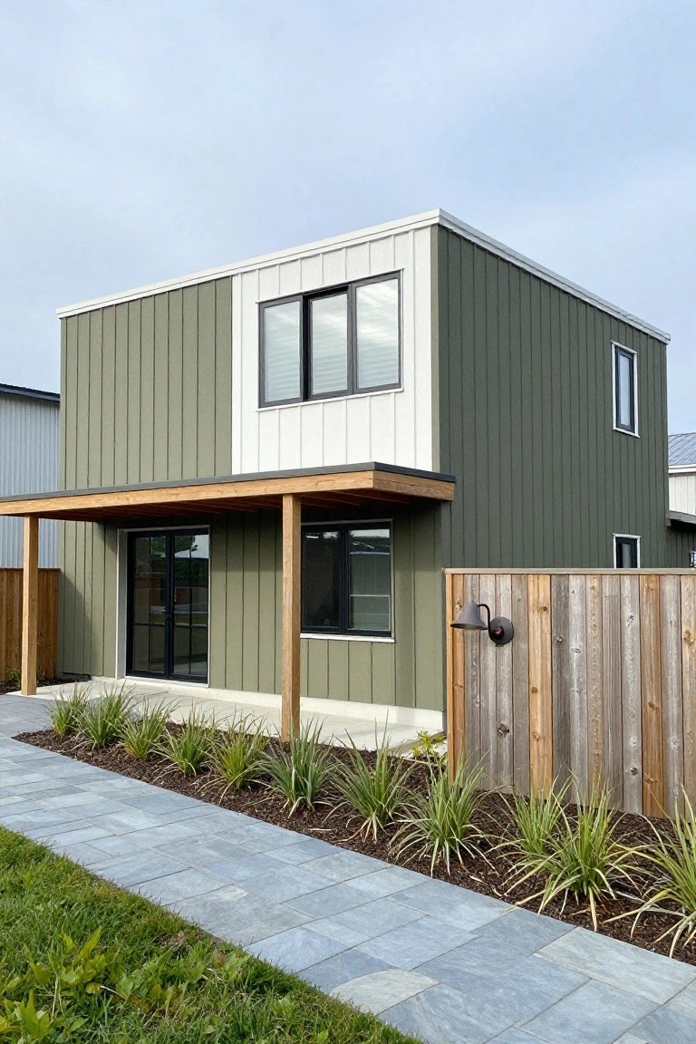 Two-story modern house exterior featuring sage green vertical siding, white panels, black-framed windows, covered wooden porch, weathered wood fence, stone pathway, and ornamental grasses.