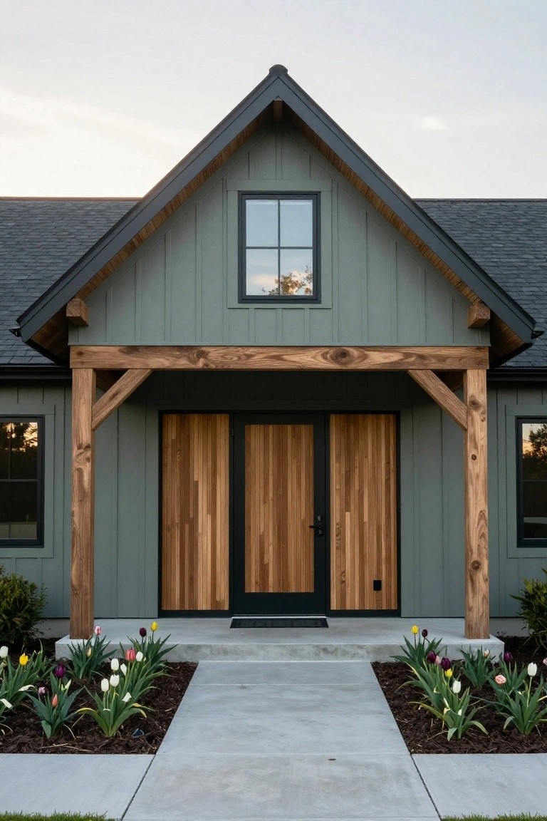 Front exterior of a modern farmhouse with sage green board-and-batten siding, black roof and window frames, gabled porch supported by exposed wooden timber posts, double vertical wood-paneled doors with black trim, and tulip flower beds bordering a concrete walkway.