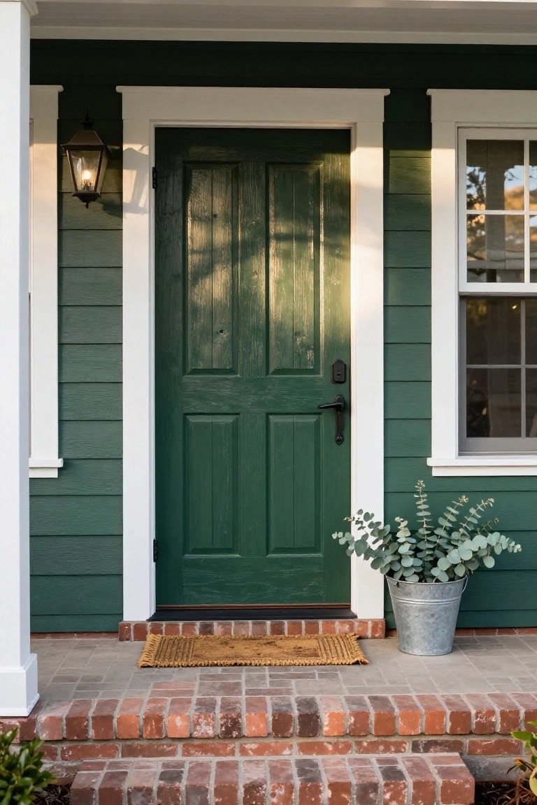 Front exterior of a house with dark green shingle siding, matching dark green paneled front door with black handle and smart lock, white trim around door and windows, copper lantern light, galvanized bucket holding eucalyptus branches, seagrass doormat, and brick steps.