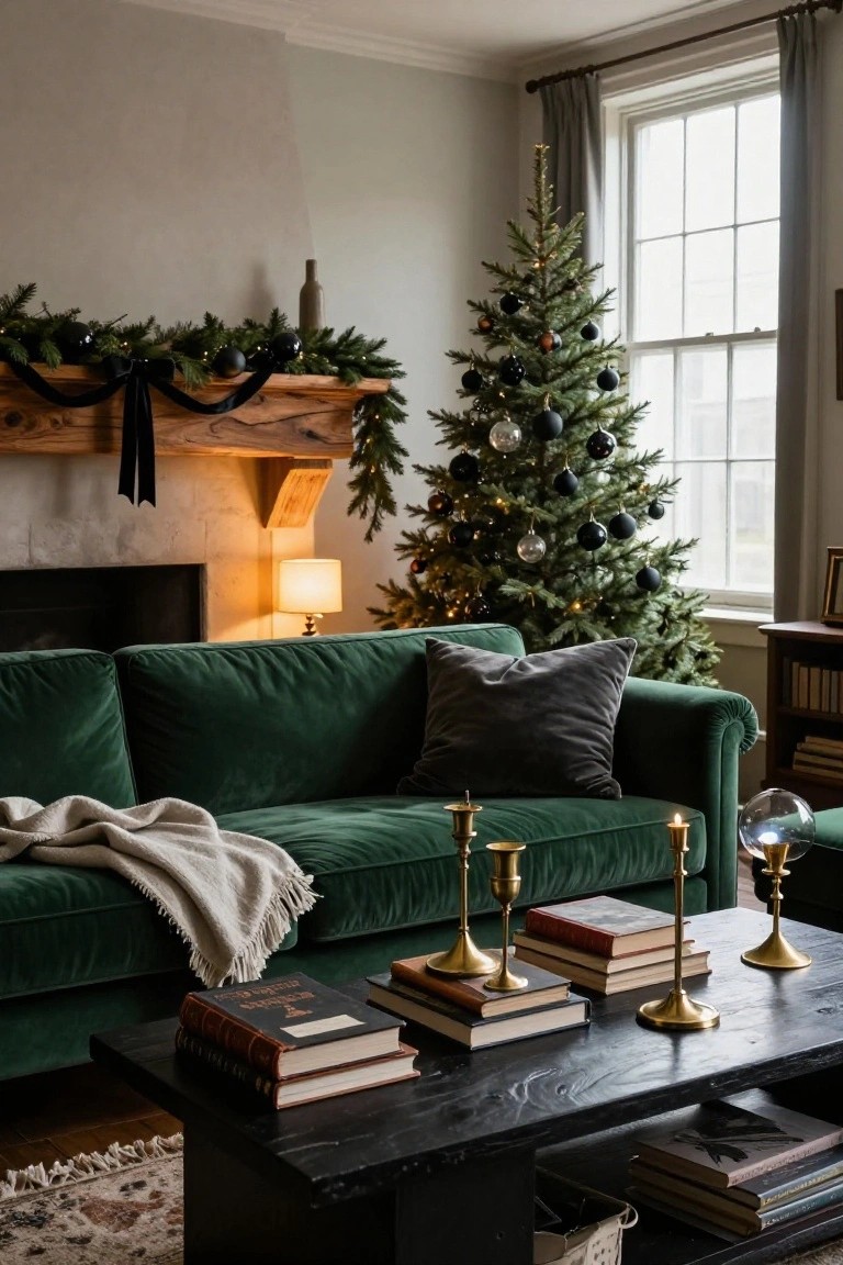 Living room with emerald green velvet sofa, black wood coffee table holding brass candlesticks and stacked books, Christmas tree decorated with black and clear ornaments, wooden fireplace mantel with black ribbon garland and greenery, and side lamp.